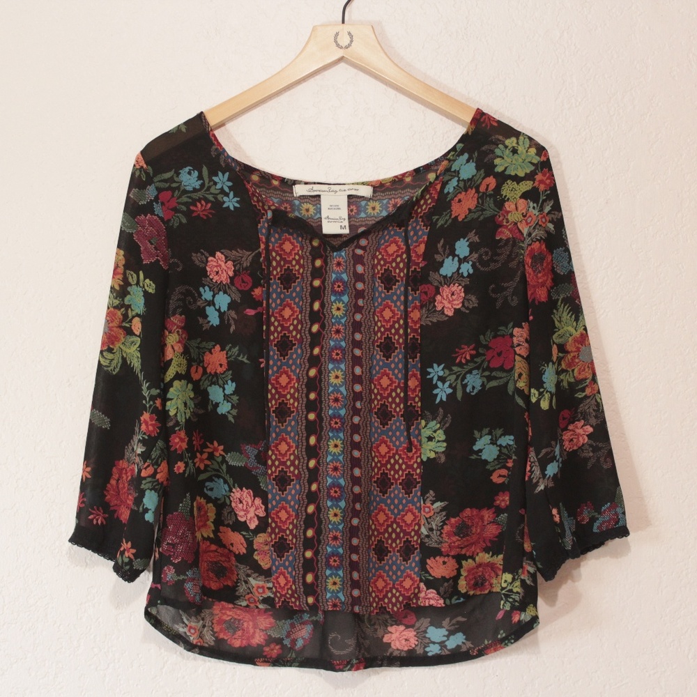 American Rag Chiffon Floral Boho Blouse